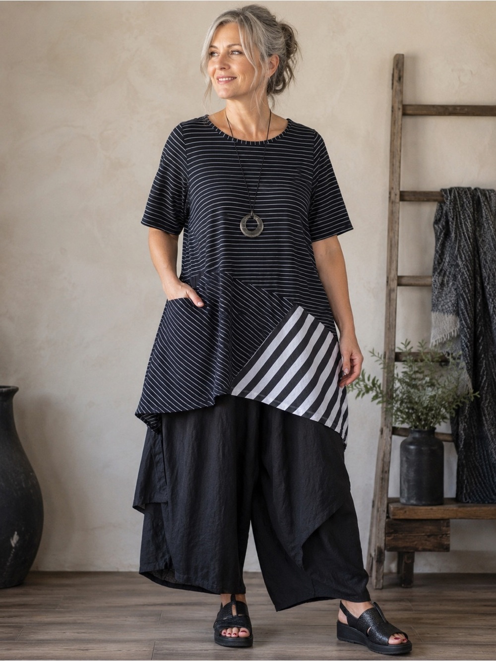 FLUTTER In Full Swing Asymmetrical Hem Stripe Lagenlook Swing Top Size S